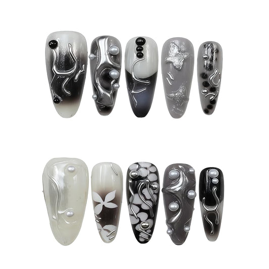 WZHAOJUN Handmade Press On Nails,Medium Black Presson Nails For Women,10pcs Abs Material Fake Nails With Design-Reusable Glue On Hand Made Nails For Party Wedding(10Pcs Size M)