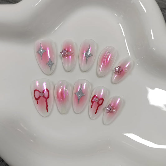 TENPAL Handmade Aurora Pink Press On Nails Medium Almond-Acrylic Glossy Y2k Sweet Cool Soft Gel Fake Nails For Women Girls,Reusable Star Bow Pattern Glue On Nails With Charms 10pcs/Box Kits (XS)