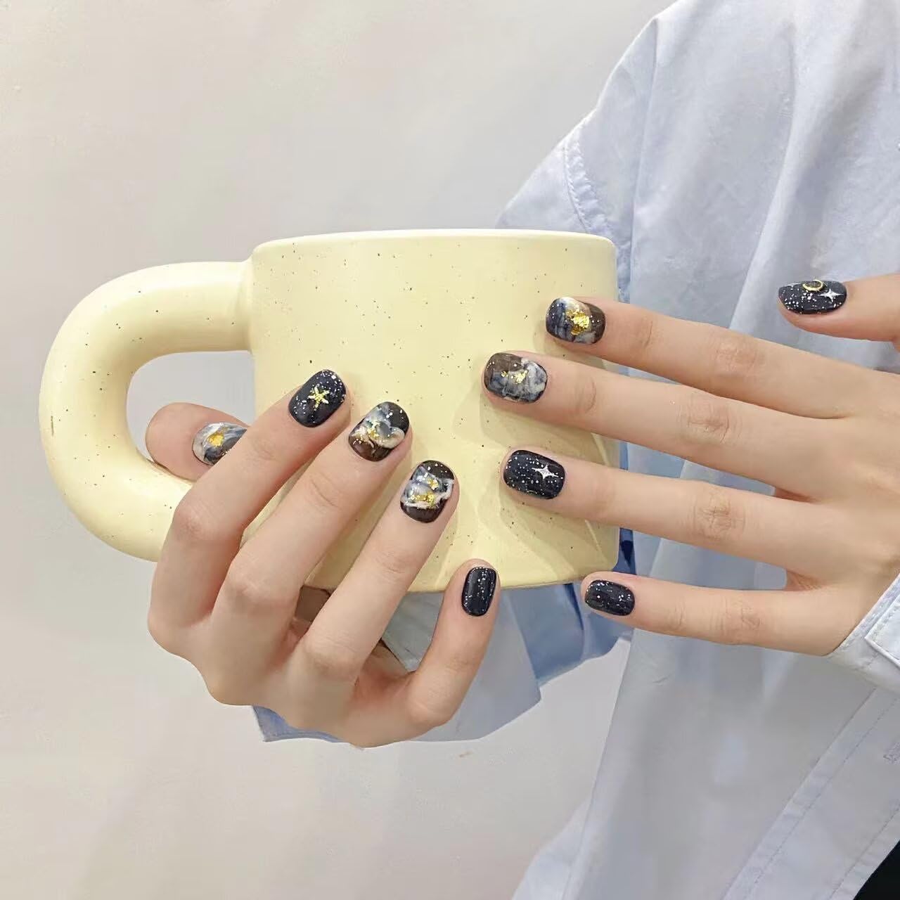 Handmade Press On Nails Reusable Stick On Fake Nails Blue oil Painting Style Stars and Moon Luxury Elegant Sexy Style For Women Gift With Nail Glue S