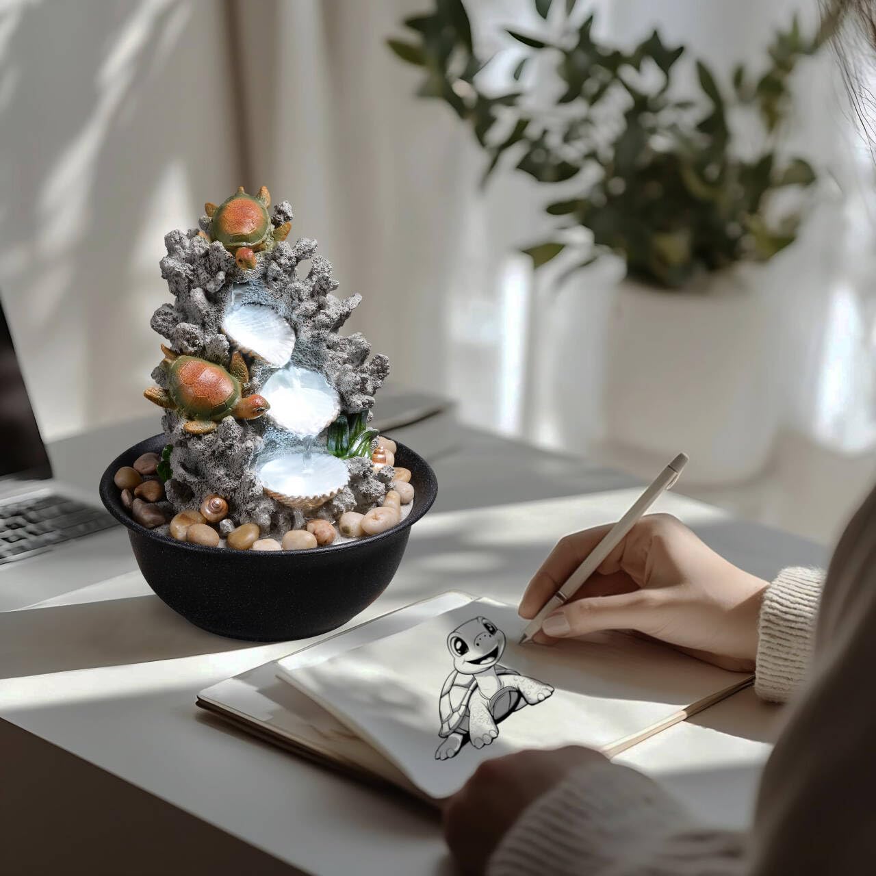 Indoor Tabletop Turtle Water Fountain with LED Light – Coastal Sea Life Desk Waterfall Feature with Soothing Sounds and River Rocks, Ocean Zen Decor for Home Office