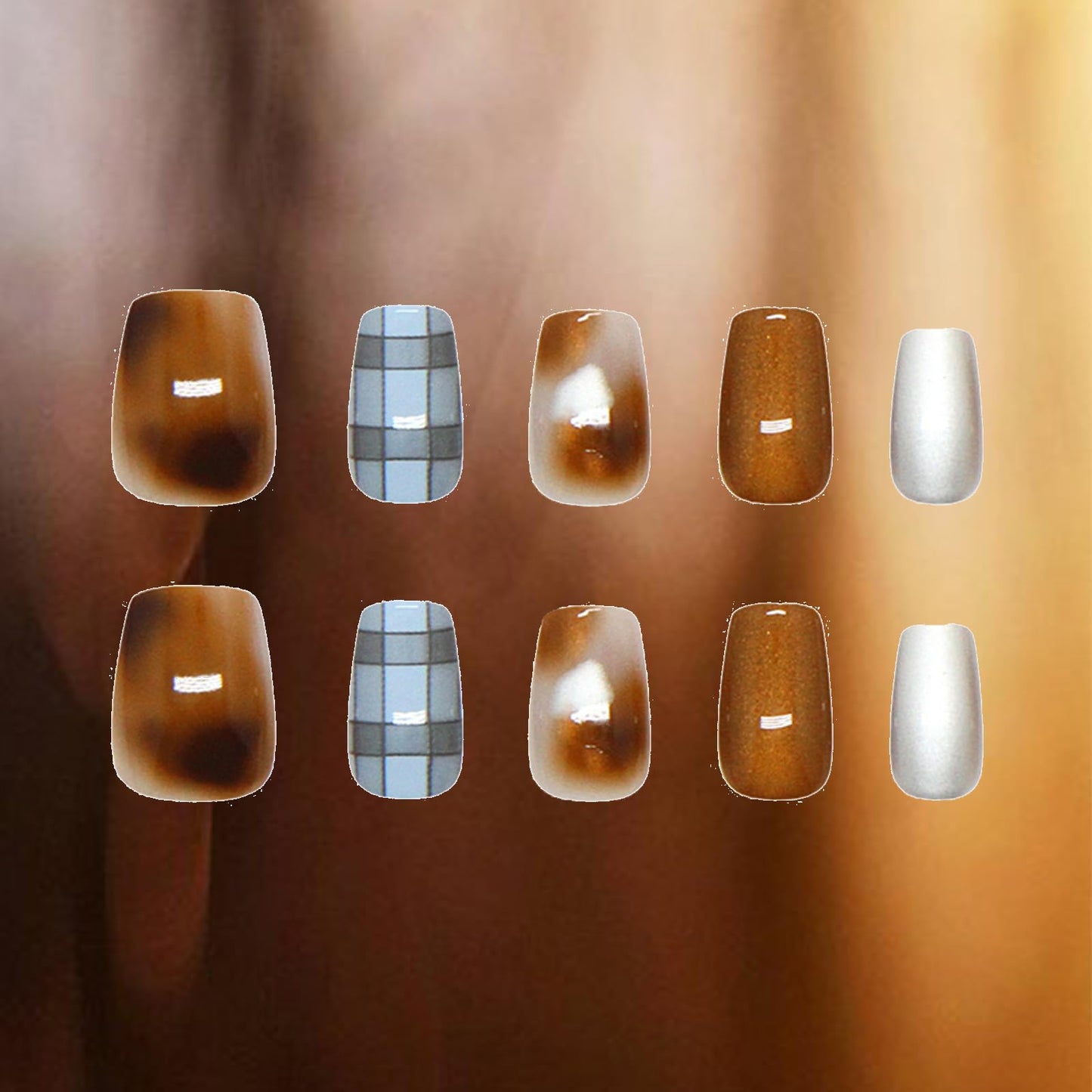 24Pcs Amber Cat Eye Press on Nails Shine Cat Eye Acrylic Fake Nails Glossy Blue Cat Eye Short Square False Nails Grid Cat Eye Stick on Nails Mesh Fabric Gel Glue on Nails for Coquette Women Girls