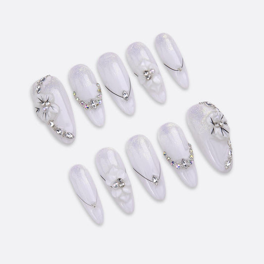 SIYOU Beauty | Love Sparkle | White Rhinestone Romantic Long Almond Press On Nails for Women (Large) - Reusable, Salon-Quality Fake Nails (10pc)