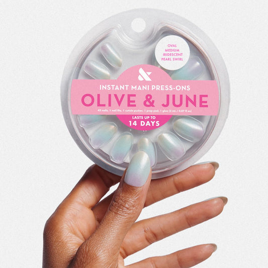 Olive & June Instant Mani Press-On Nails (Glue) | 42 Fake Nails, 21 Sizes | Non-Toxic Long-Lasting Recycled Materials Realistic Look | Salon-Quality | Medium, Oval | Iridescent Pearl Swirl Shimmer