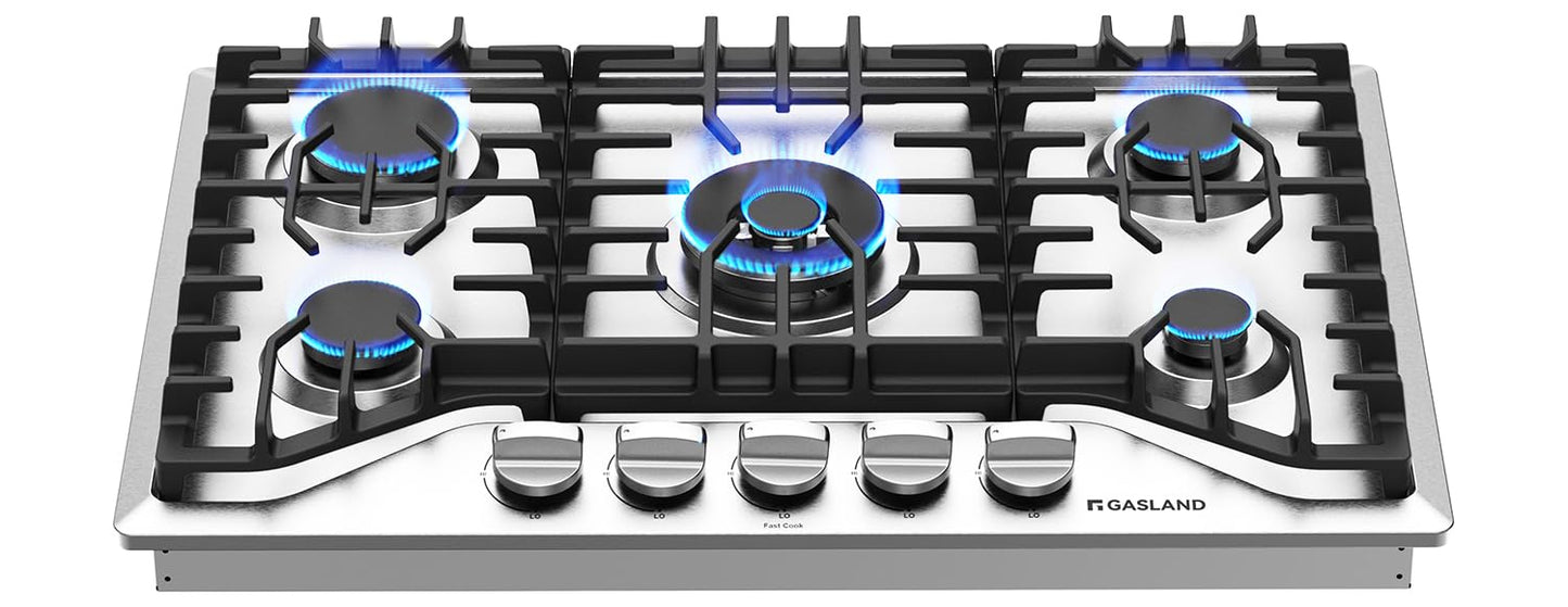 GASLAND 30 Inch Gas Cooktop, 5 Burner Propane Stovetop, Built-in NG/LPG Convertible Cooktops, Gas Countertop Plug-in with Thermocouple Protection, 304 Stainless Steel Panel, CSA Certified