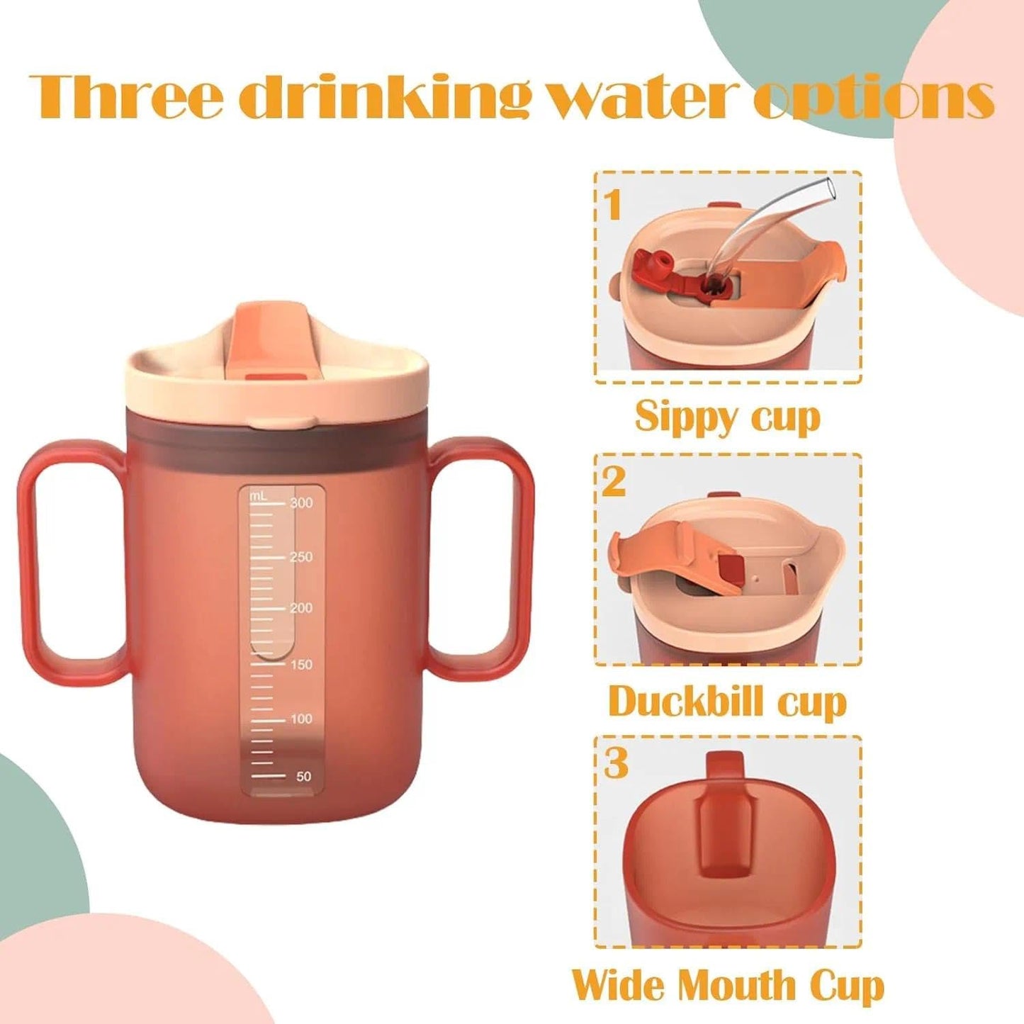JFGLORIX Spill Proof Sippy Cups for Seniors & Adults -10.2oz(300ml) Non-Spill Cups with 2 Handles & Straw Lid, Elderly Drinking Cups for Patients, Disabled, Pregnant Women, Dishwasher Safe (Orange)