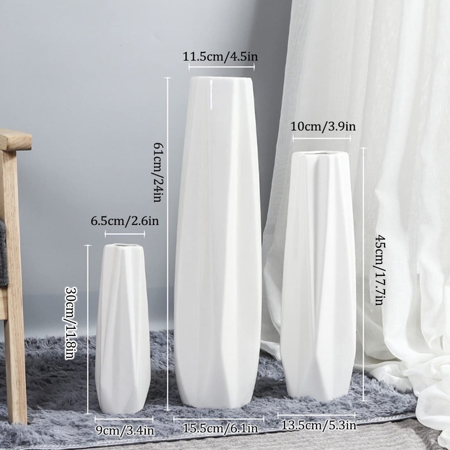 Floor vase Ceramic Vase，Decorative Large ，Floor, Large Floor Vase,White Ceramic Vase,Handcrafted,Sophisticated Vessel for Decorative Branches and Dried Flowers(61cm)
