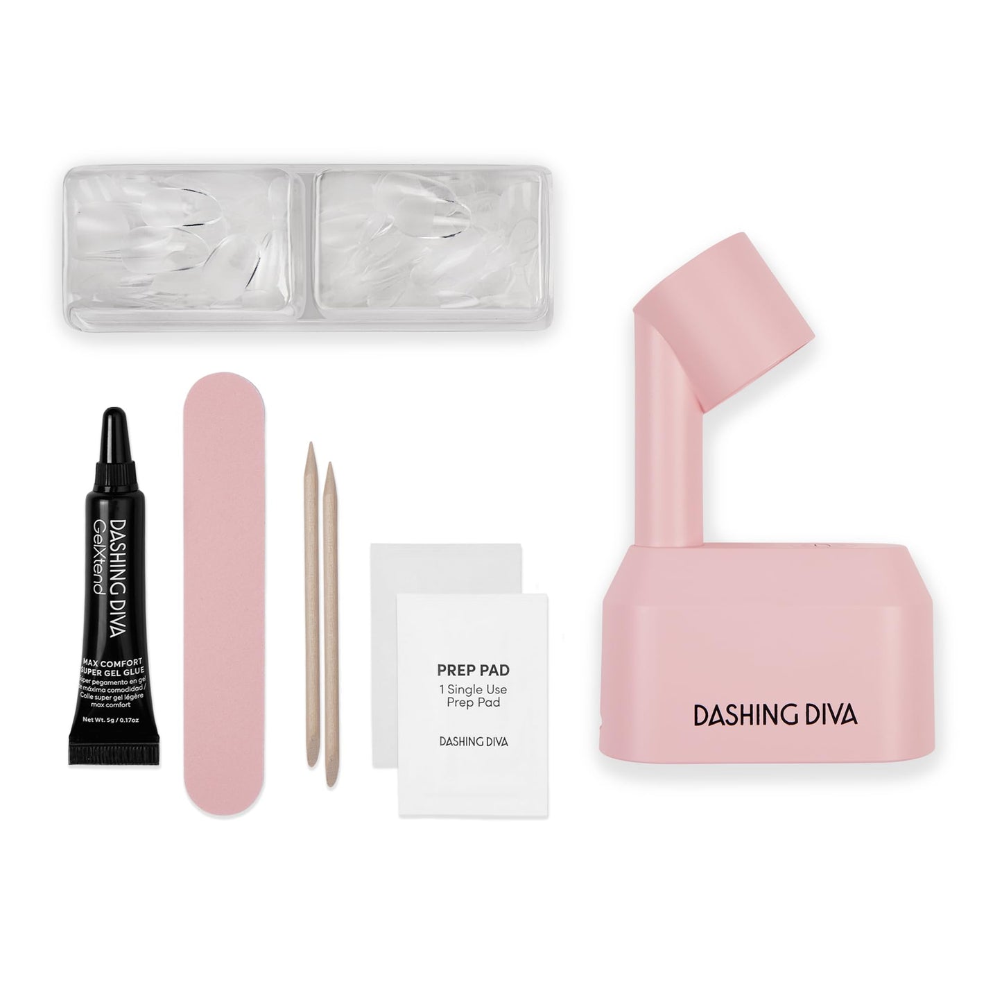 Dashing Diva GelXtend Starter Kit - Press On Nails with LED Lamp - Lasts Up to 14 Days - Clear, Customizable Gel Nails - No-Soak, Easy Removal - Gel Nail Tips (Long Coffin)