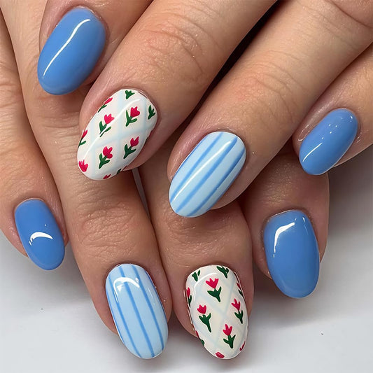 WLGDLH Blue Press on Nails Short Oval Fake Nails, Summer False Nails Press ons Nail Art Tips with Red Flower Stripes Design, White Glossy Finish Glue on Nails Stick on Nail for Women Manicure 24 Pcs