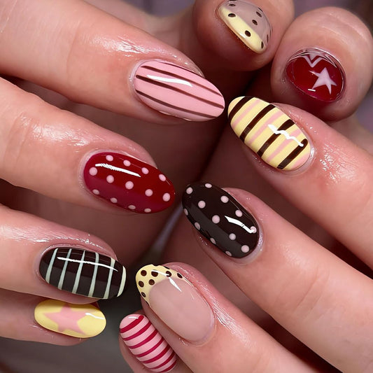 Colorful Stripe Press on Nails Yellow French Tip Polka Dot Fake Nails with Star Cute Full Cover Stick on Nails Polka Dot Tip Short - Almond False Nails Glossy Reusable Acrylic Nails for Women 24Pcs