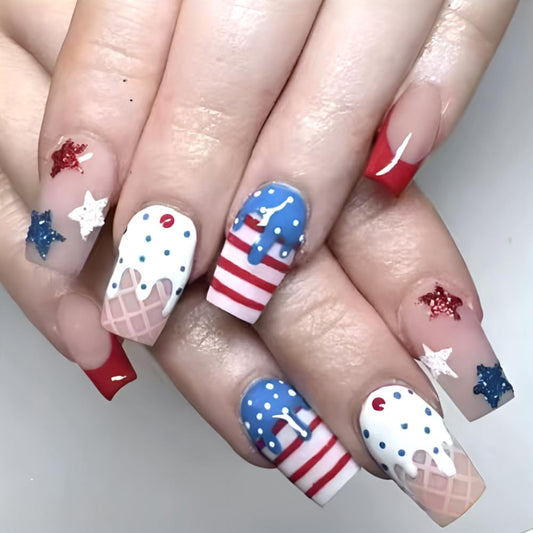 4th of July French Tips Press on Nails Medium Square Fake Nails Independence Day Glitter Stars False Nails Full Cover Glossy for Women Summer Patriotic Ice Cream Manicure Decoration 24Pcs