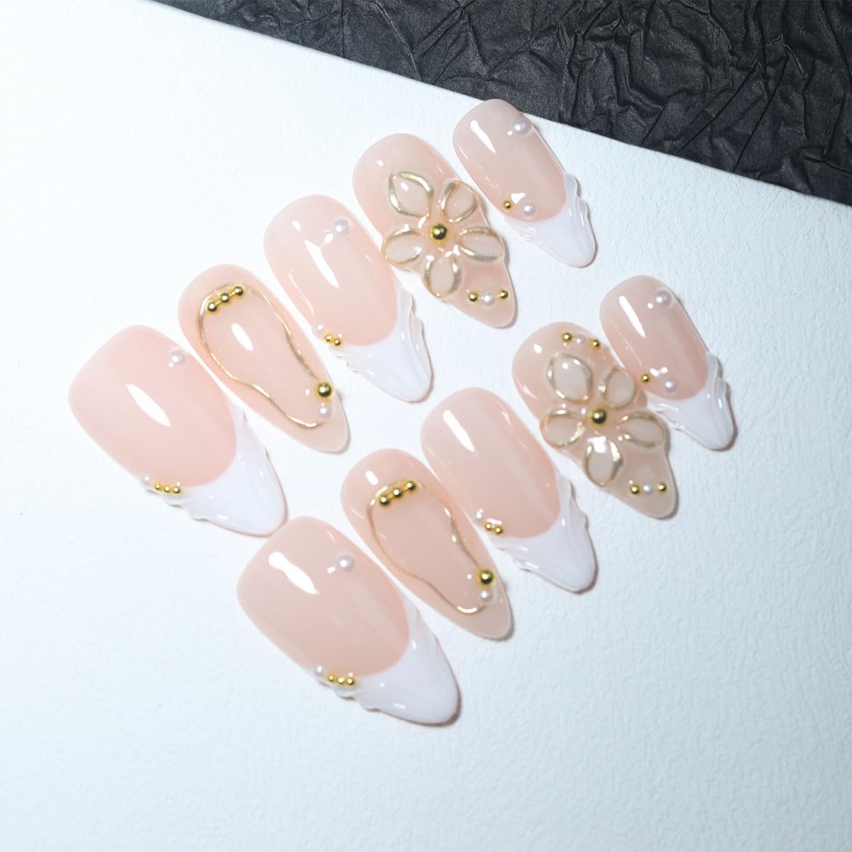 10Pcs Medium Almond Handmade Press On Nails | Easy Apply & Remove, Reusable Salon Quality Nails | Elegant Nude Fake Nails with 3D Floral, Wave French Tip & Pearl Gold Bead Accents(5U13, S)