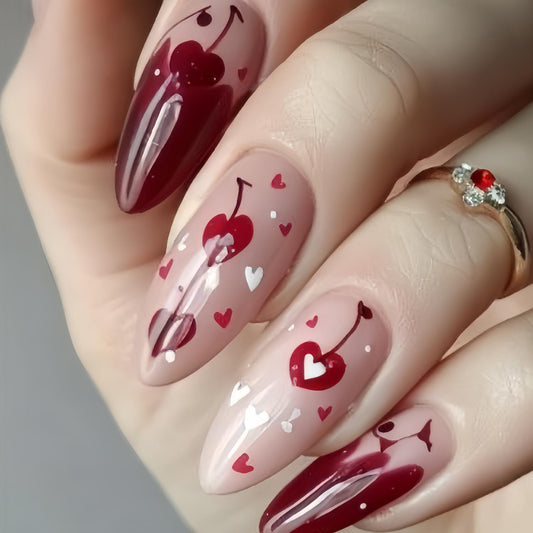 Heart Press on Nails Medium Almond Artificial Acrylic French Red Fingernails Red White Love with Cherry Design Coffin Nails Full Cover Glossy Valentines Glue on Nail Artificial Nail for Women Manicure