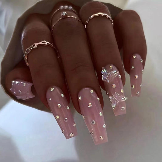 YoYoee Crystal Gem Design Nails Tips Long Coffin False Nails Nude Press on Nails Full Cover Cute Butterfly Fake Nails for Women and Girls 24PCS