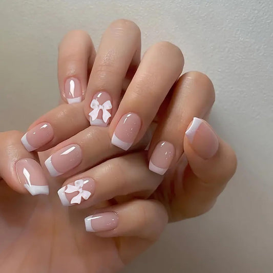 Press on Nails Short Square MABKJLF White French Tip Fake Nails False Nails with Designs Bow Charm Glossy Glue on Nails Stick on Nails Acrylic Nails for Women Girls 24 Pcs