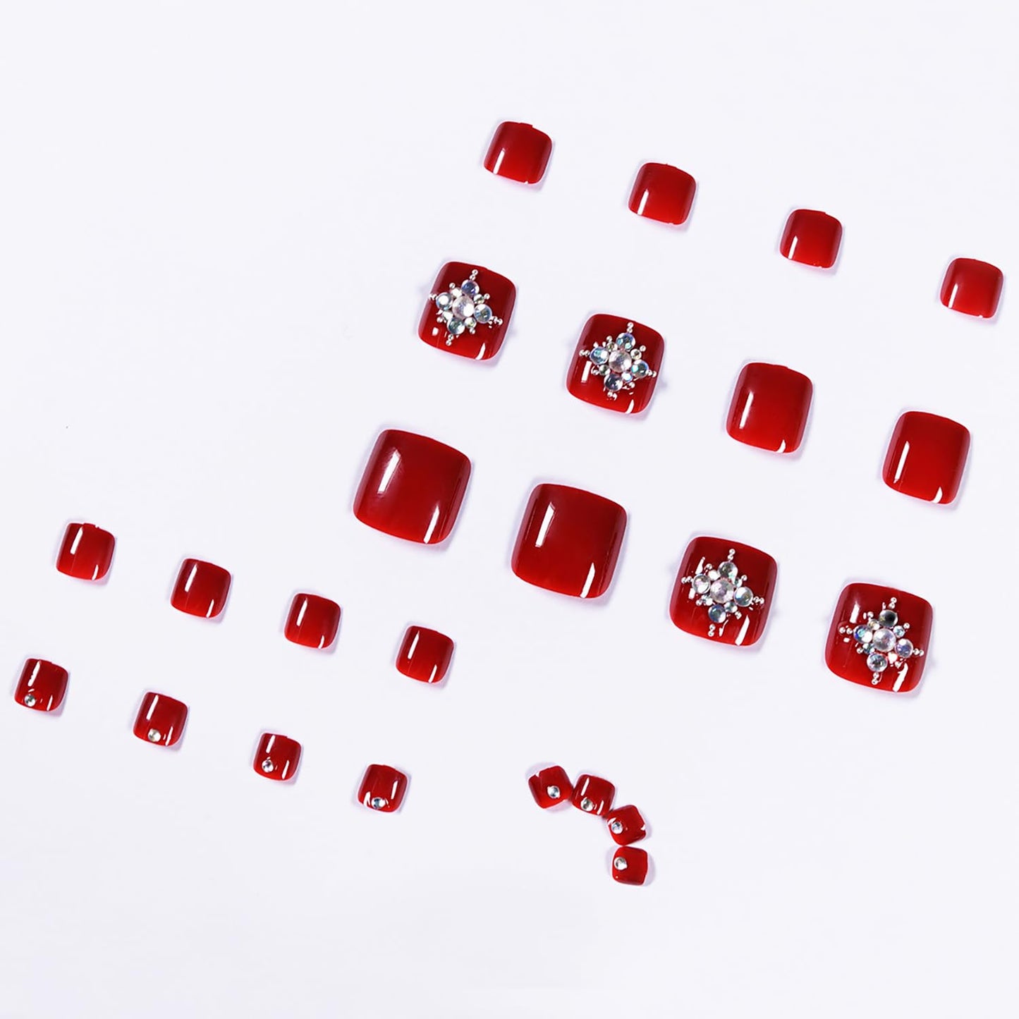 Red Artificial Acrylic Fake Nails for Toe, Press on Toenails Coffin with Rhinestone Designs, Full Cover Reusable False Toenails with Glue, Glue on Toe nails with Charm for Women Girls（JP1057）