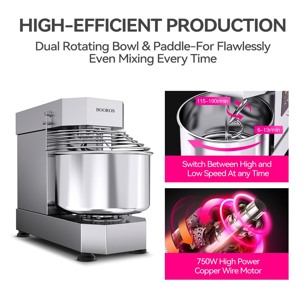 BOOROS Commercial Dough Mixer 750W Dual Rotating Dough Kneading Machine Pizza Dough Mixer 10.5Qt Capacity with Timer & Safety Shield Make 2.2-11Lbs of Dough Suitable for Bakery Pizzeria,110V