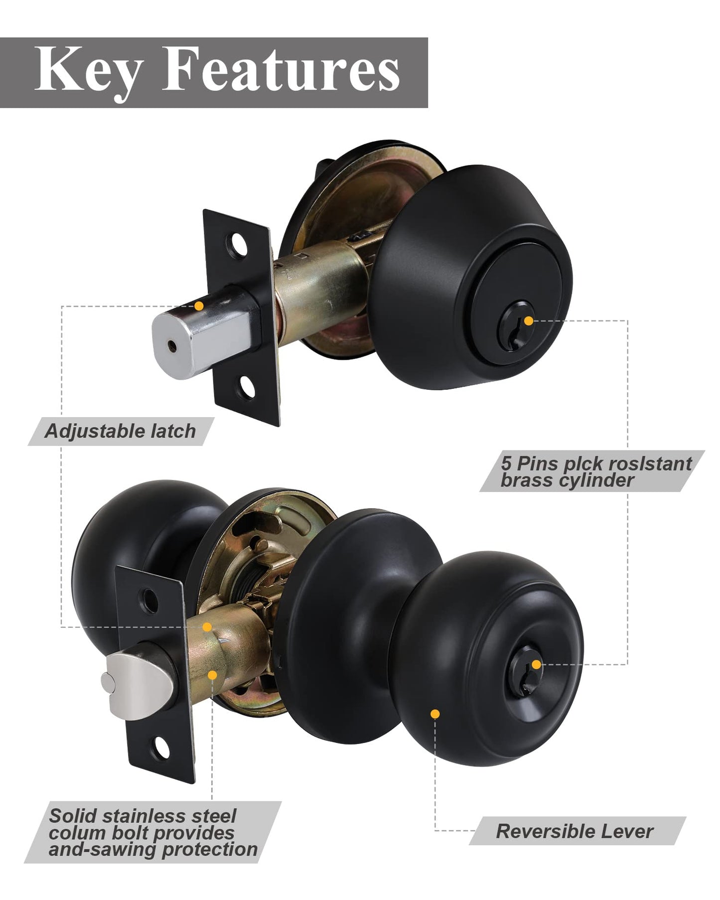 Lanwandeng （4 Sets） All Keyed Alike Entry Door Knobs and Single Cylinder Deadbolt Lock Combo Set, Security for Entrance and Front Door with Flat Ball Classic Matte Black Finish