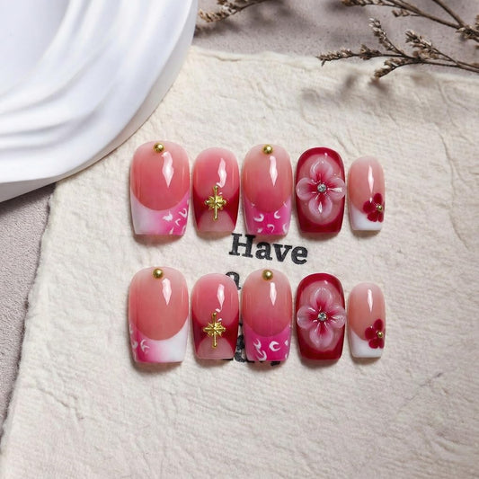 Handmade Press on Nails Pink Gradient French Tip Fake Nails with 3D Flower Design Luxury Short Square Handmade False Nail Muti-Layer Gel Thick Acrylic Nails for Women Manicuare (S)