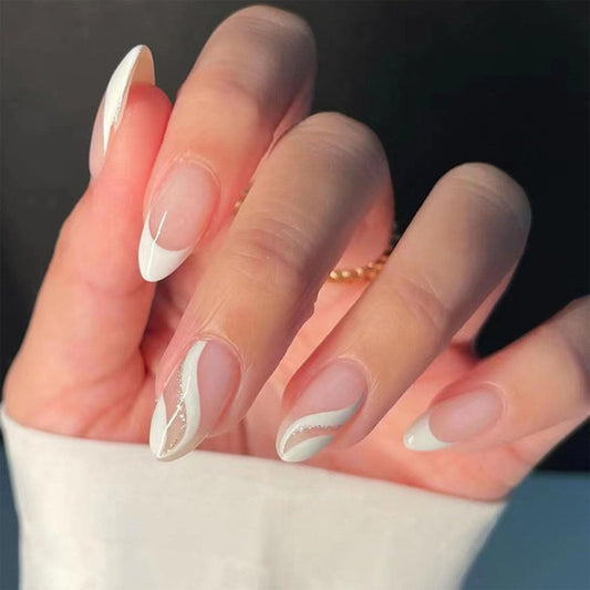 FJSMTOPl Almond Press on Nails White French Tip Fake Nails Press ons Medium False Nails with Design Glitter Acrylic Glue on Nail Artificial Stick on Nails for Women Manicure 24Pcs