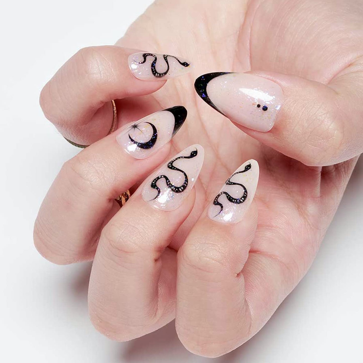 GLAMERMAID White Press on Nail Medium Almond, Natural White Crush Nail, Stiletto Fake Nail with Glitter Snake Design, Short Oval Stick Glue on Nail Tips for Women, Reusable Acrylic False Nail Kit