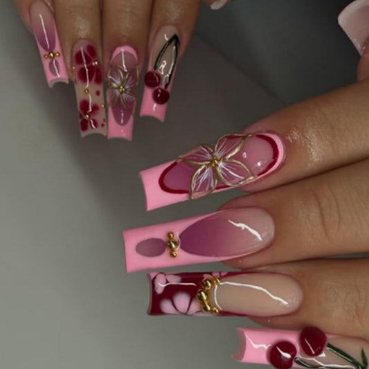 Long Square Flower Press on Nails Pink French Tip Fake Nails with Cherry and Floral Designs Handmade Press on Nails Full Cover Acrylic Nail Stick on Nail for Women DIY Manicuare 24 Pcs