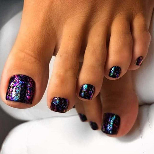Black Press On Toenails Square Fake Toenails Short False Toenails With Glitter Design Acrylic Artificial Glossy Glue On Toenail Full Cover Stick On Toenail For Women Manicure Art 24pcs