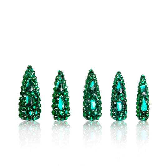 LOVFUL Press on Nails Classic Green Rhinestone | Handmade with Full Covered Crystals | Reusable Fake Nails | Stiletto Classic Regular 1.3 in | H147-S