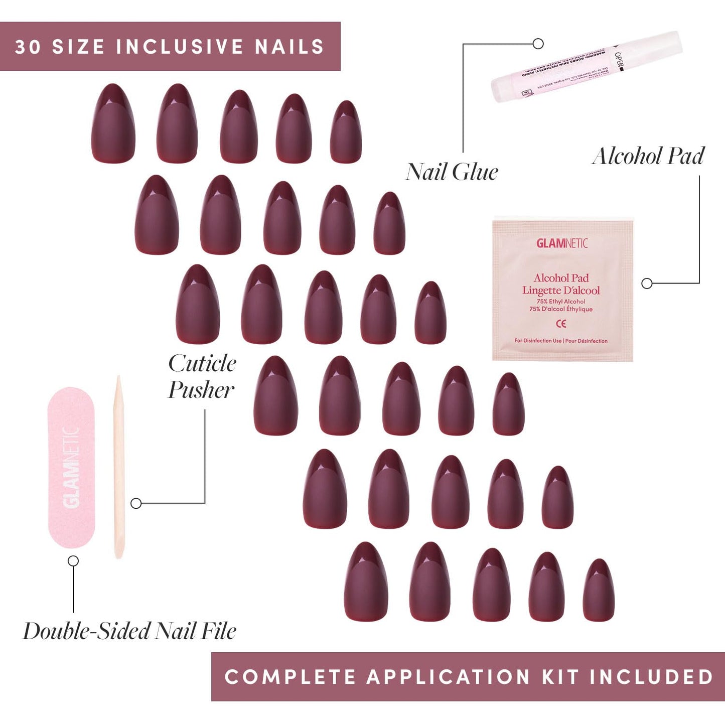 Glamnetic Press-On Nails - Merlot | Super Strong Brush On Nail Glue & Press-On Nail Remover | Matte Short Almond Dark Red Nails with Glossy French Tips | 15 Sizes - 30 Nail Kit with Glue and Remover