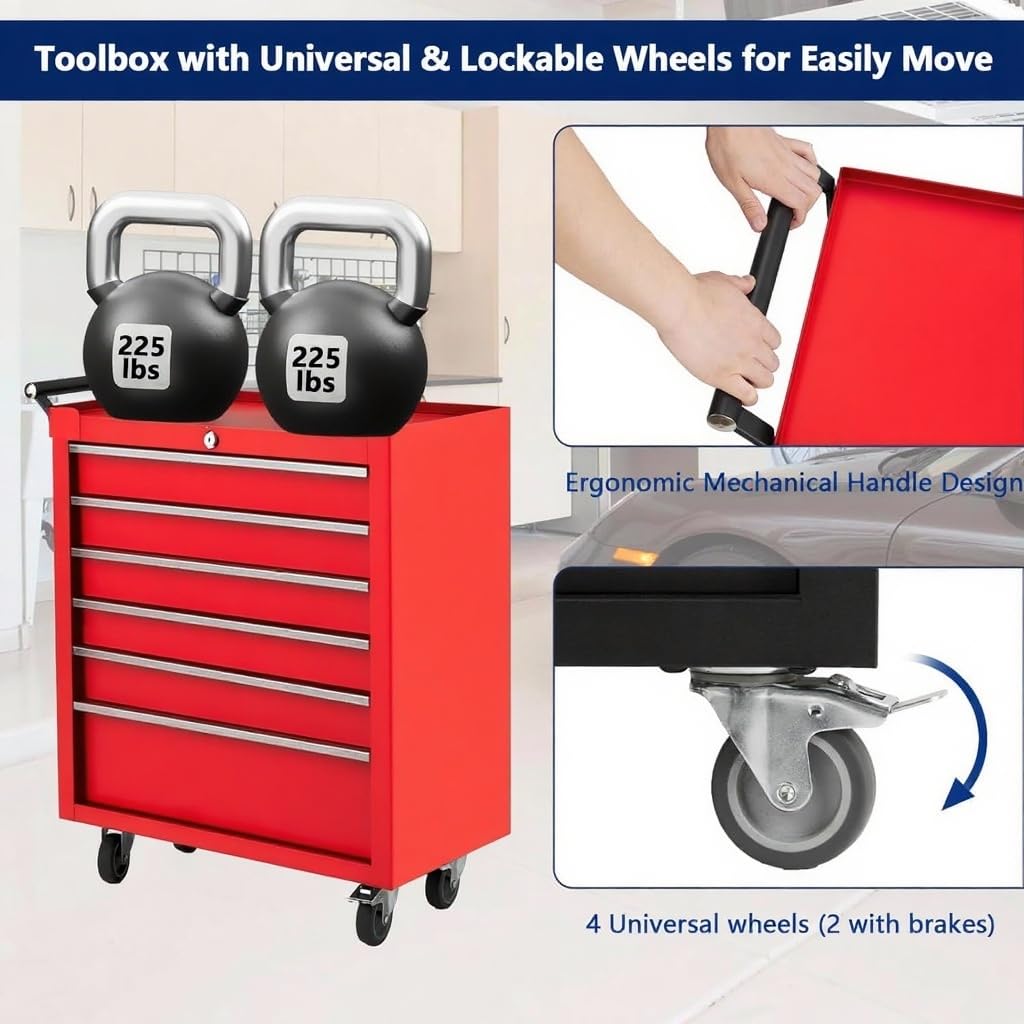 ActiveTrail Heavy-Duty Rolling Tool Chest with 6 Lockable Drawers, Featuring a Sturdy Metal Cabinet and Smooth-Wheeling Mobility, Includes Protective Drawer Liners for Secure Storage