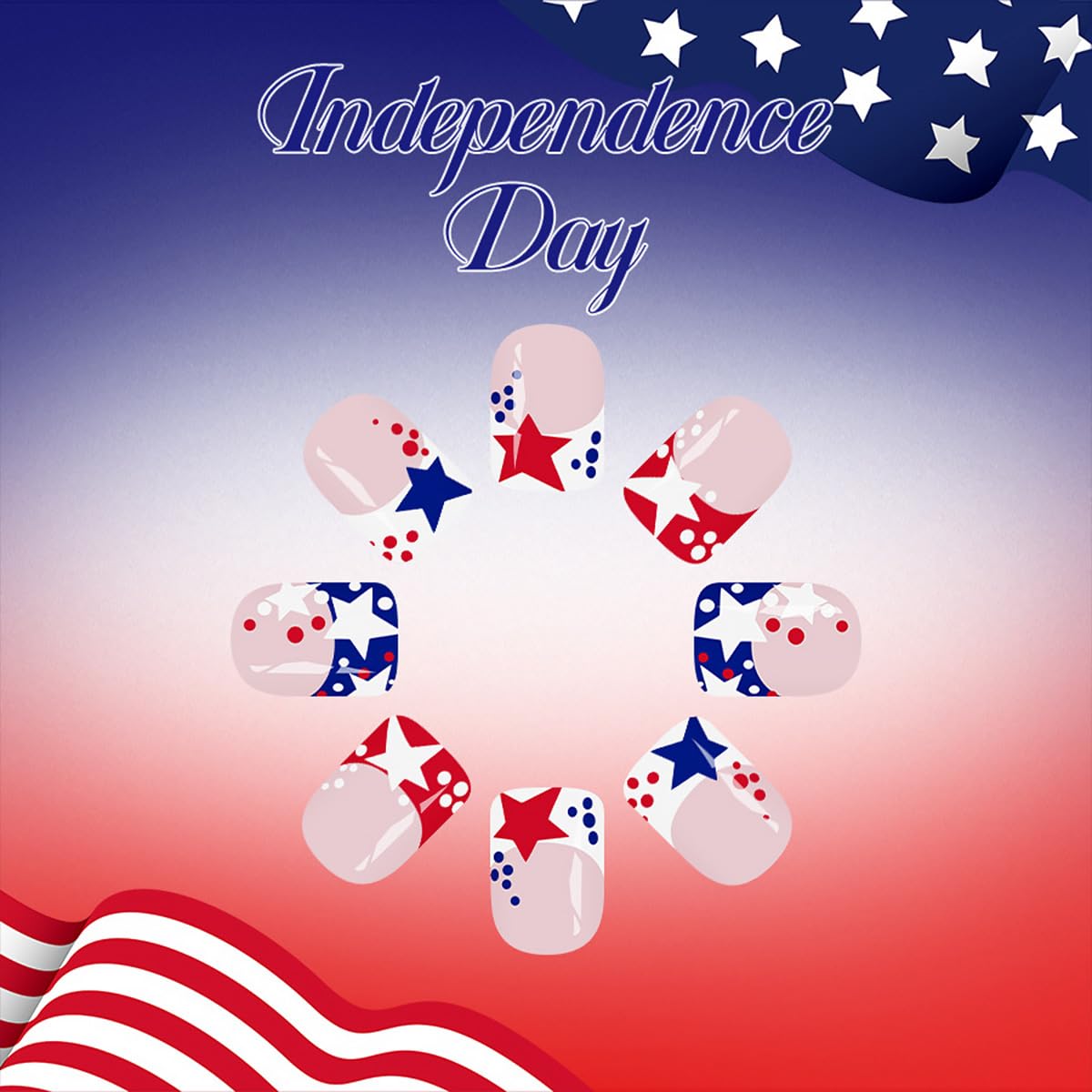 24Pcs Independence Day Press on Nails Short Square French Tip Fake Nails with Red Blue White Star Design 4th of July False Nails Patriotic Glue on Nail Full Cover Artificial Stick on Nails for Women