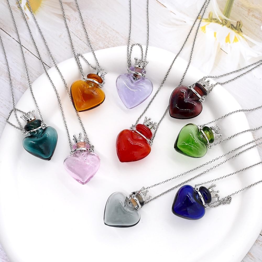 Glaze Glass Heart-Shaped Refillable Essential Oil Necklace Pendant - Aromatherapy Perfume Diffuser Pendant with Stainless Steel Chain (Purple)