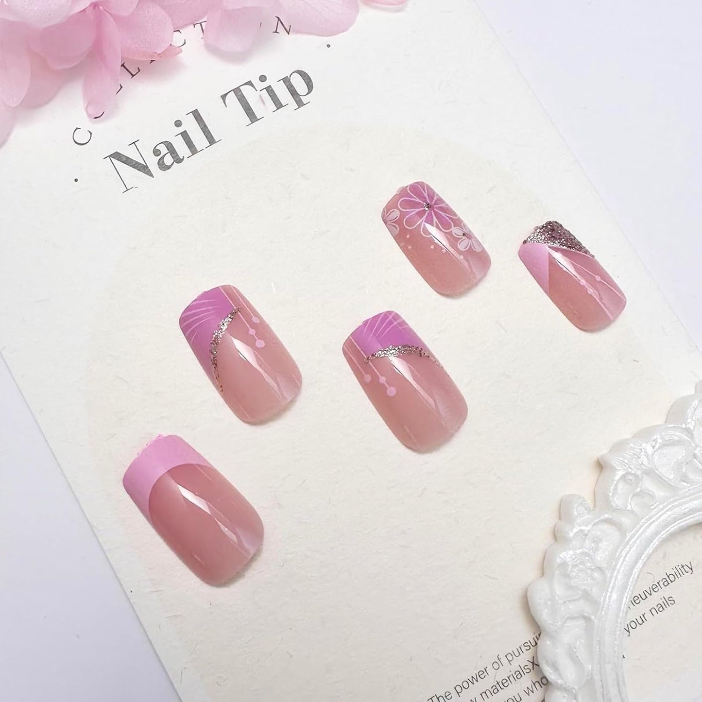 French Tip Press on Nails Short Square Fake Nails Pink Flower False Nails with Design Glitter Line Glue on Nails Full Cover Acrylic Nails Stick on Nails for Women Girls Manicure 24 Pcs