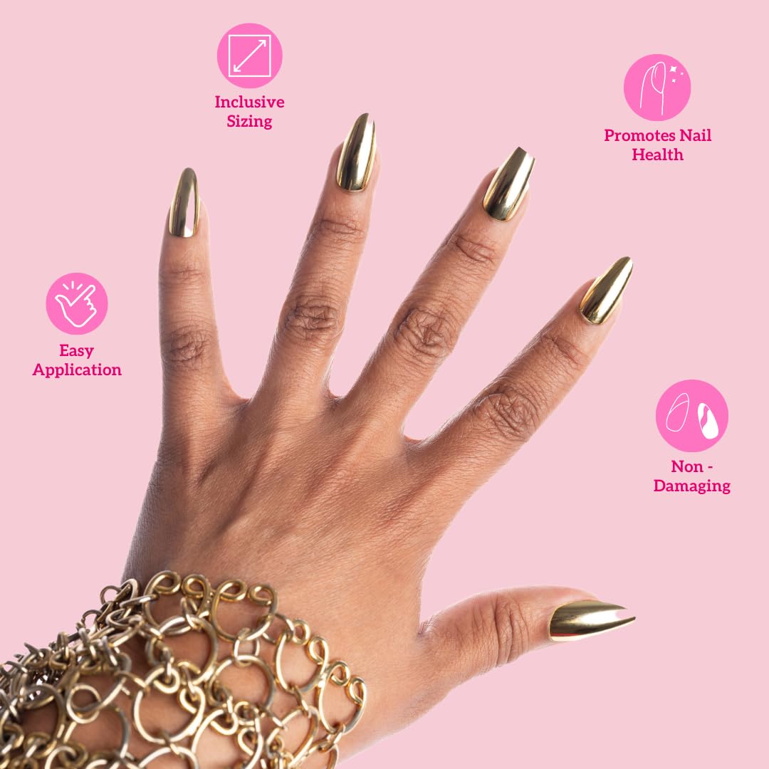 Keep It Classy Chrome Gold, Press-On Nails Kit by Monyetta Shaw || Almond Medium || Reusable, Vegan, Non-Toxic, Easy Application || One 24 Nail Kit