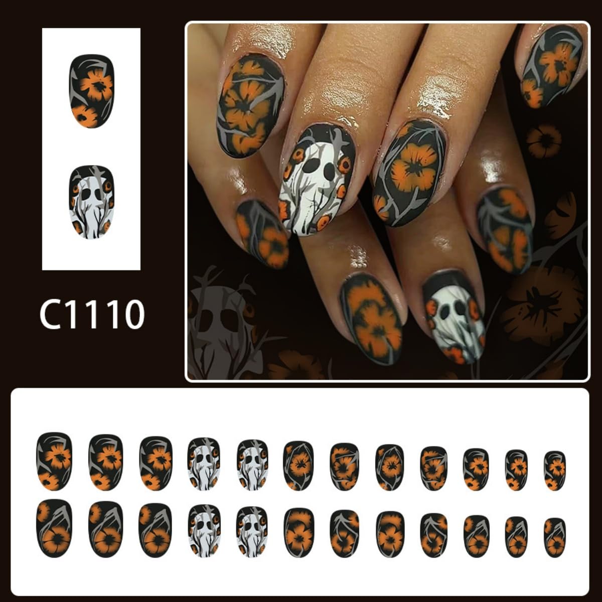 24Pcs Halloween Press on Nails Short Almond Fake Nails with Ghost Yellow Flower Design Stick on Nails Spooky False Nails Handmade Full Cover Acrylic Glue on Nail for Women Girl Nail Art Decoration