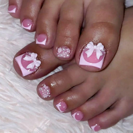 CTTHNBD Pink Press-on Toenails Short Square French Tip 3D Flower Bow Design False Toe Nails 24Pcs