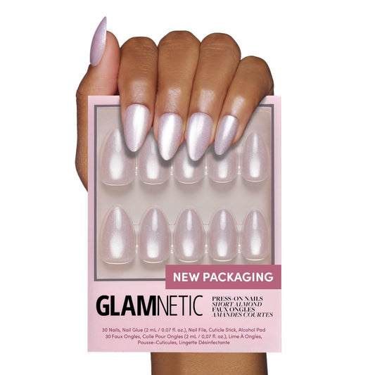 Glamnetic Press On Nails - Selenite | Soft White Sparkle Short Almond Fake Nails with a Glossy Finish, Salon Quality | 15 Sizes - 30 Nail Kit with Glue