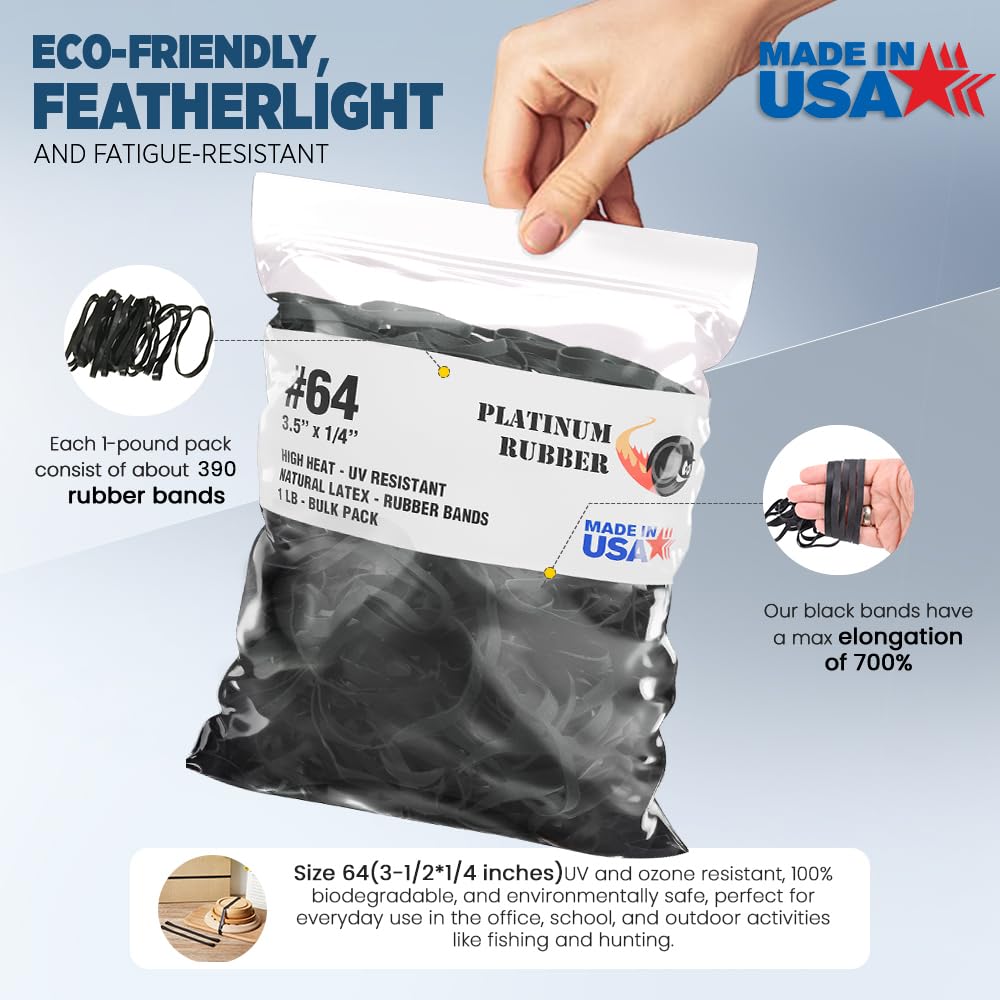 Black High Heat UV Resistant #64 Platinum Rubber Crepe Band Made in USA (3 1/2" x 1/4") Large Premium Fishing/Angler Rubberbands (64-1/4lb)