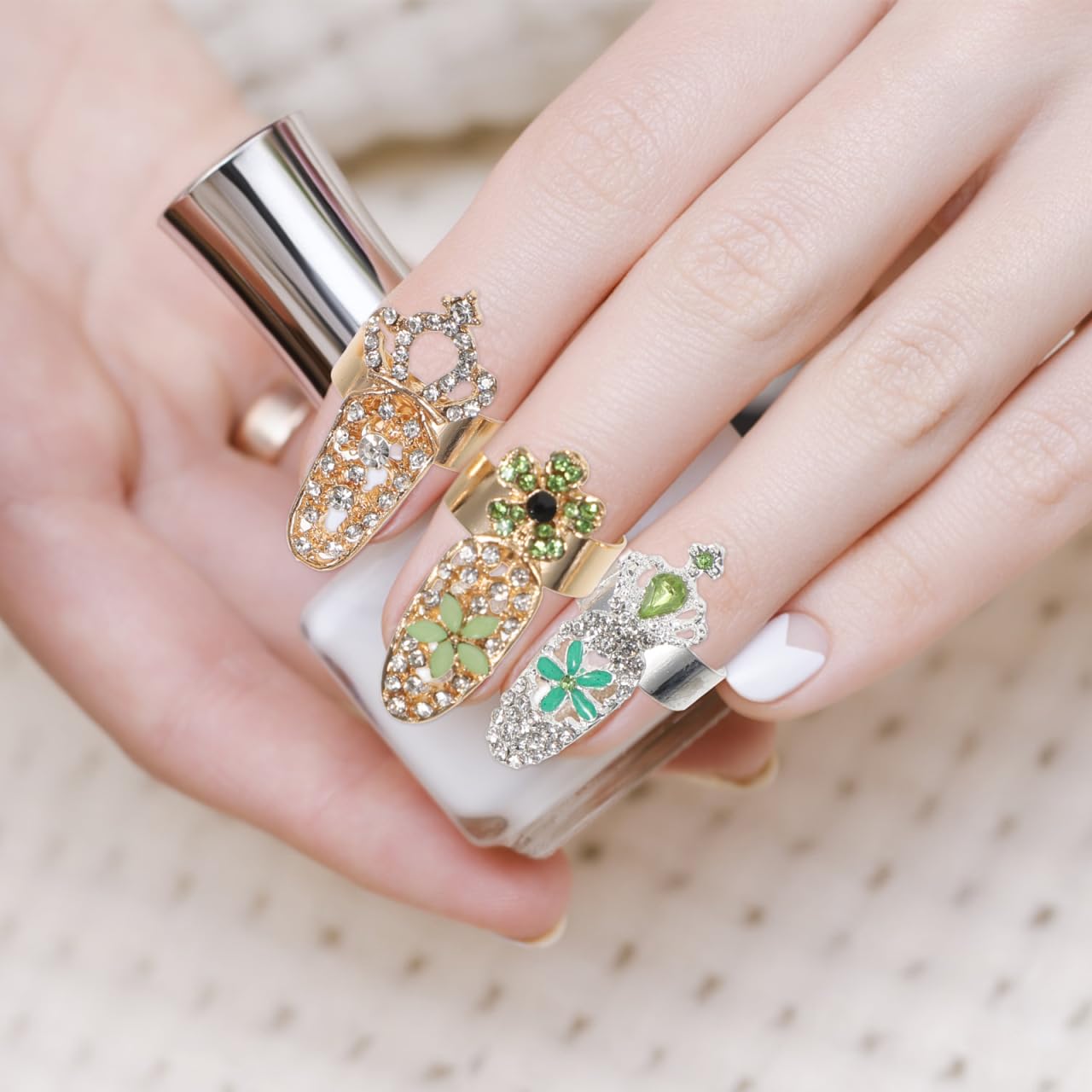 KALLORY 10pcs Ring Punk Full Finger for Flower Crystal Rings Nails Art Jewelries Opening Cap Fingernail Alloy Cover Halloween Christmas Nail Loop Girls Bow Tip Decoration