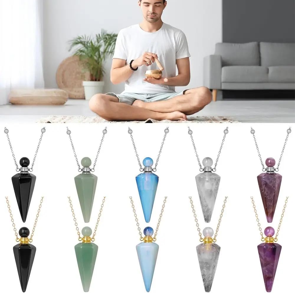 925 Sterling Silver Essential Oil Necklace For Women And Men, Natural Crystal Stone Cone Shape Pendant Necklace Healing Perfume Bottle Necklace Essential Oil Pendant Necklace (5 - Essential Oil Necklace)