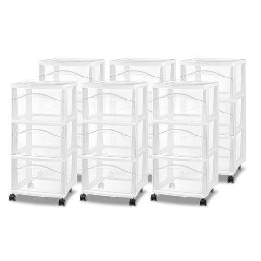 Sterilite 6 Pack 3 Drawer Storage Cart, Plastic Medium Organizer with Wheels, White - Multipurpose Bin for Crafts, Accessories, or Office Supplies