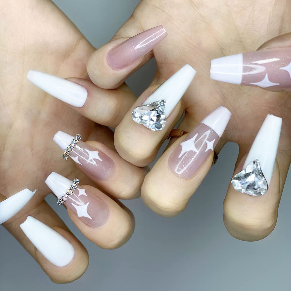 Redykat 24PCS Glittery Sparkling Rhinestone Coffin Press On Nails, Salon Quality Nail Art, Mix Match Extra Long Glossy Acrylic False Nails,Home Quick Manicure (starry French finger tip)