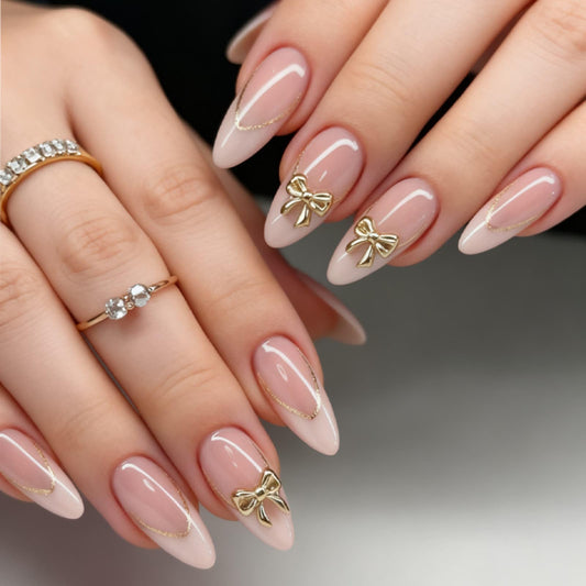 Medium Almond Press on Nails Gold French Tip Fake Nails Nude with Gold Foil Design Glossy Acrylic Glue on Nails Reusable Artificial Nail Full Cover Sticker on Nails for Women 24 Pcs