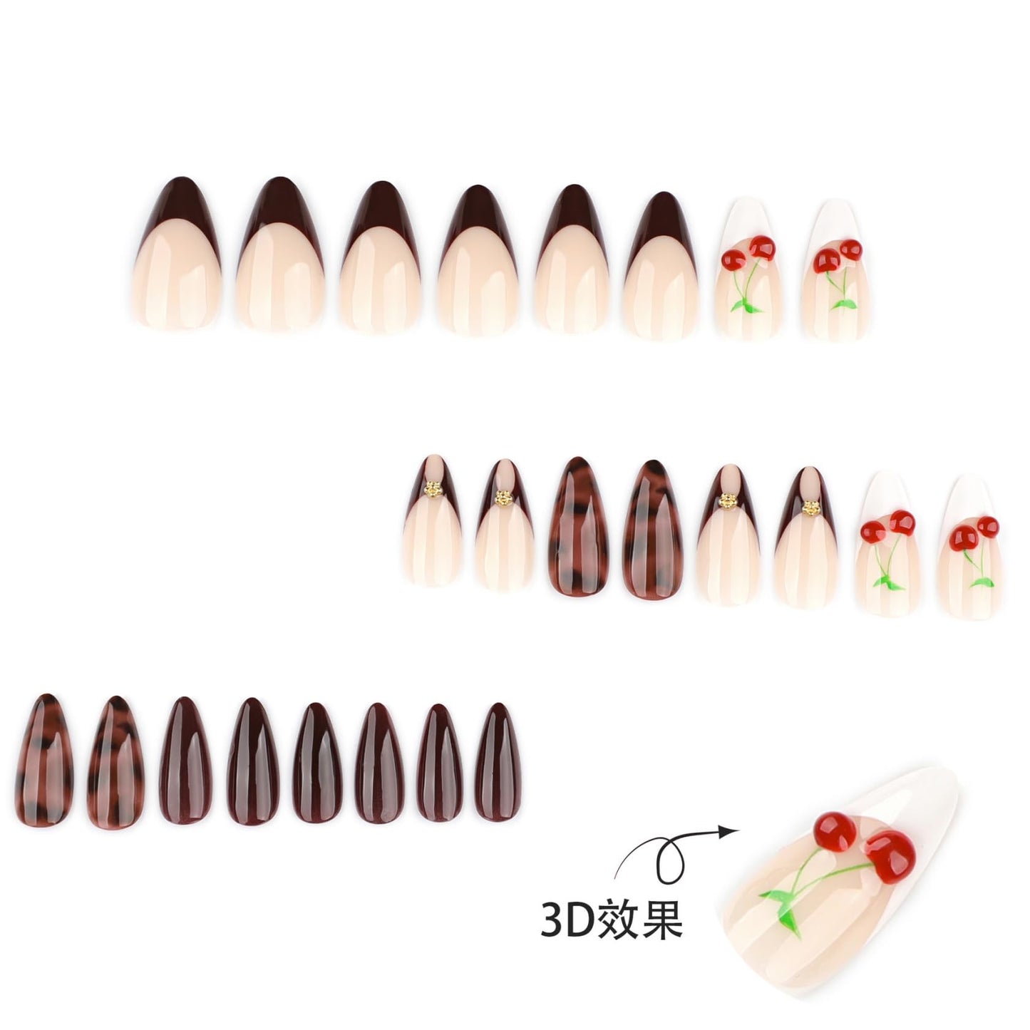 Medium Almond Press on Nails for Women,Cherry & Glitter Gradient,Fake Nails Artificial Stick on Nails Full Set
