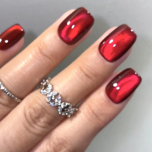 Burgundy Cat Eye Press on Nails Short Square Fake Nails with Glossy Designs Red Nails Press ons Simple Glue on Nails Artificial False Nails Winter Fall Stick on Nails for Women 24Pcs