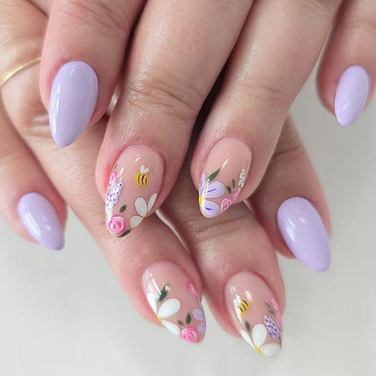 Flower Press on Nails Medium Almond Fake Nails with White Floral Design Glossy Full Cover Purple False Nail Spring Summer Nail Press ons Reusable Cute Stiletto Acrylic Nail for Women Manicure 24Pcs