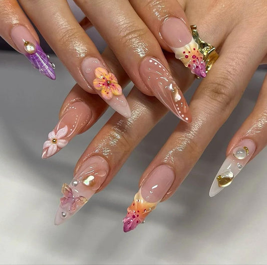 MAGLFELL Nails Press on Nails - Handmade Long Almond Fake Nails, Unique 3D Glossy French Design False Nails for Women, 10 Pcs Acrylic Handmade Fingernails (Size S)