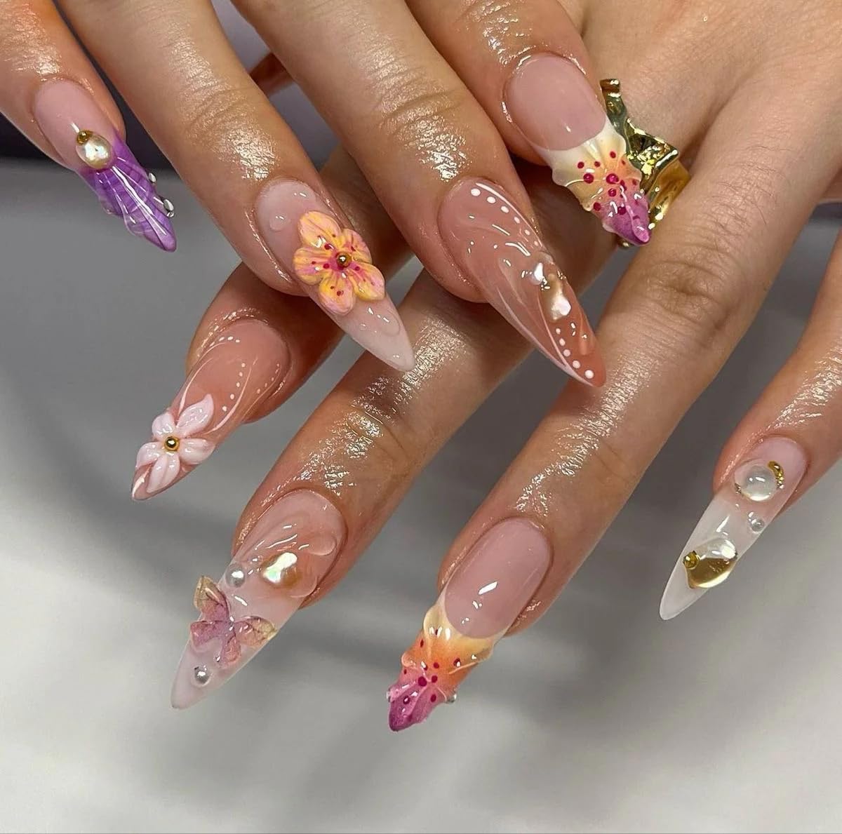MAGLFELL Press on Nails - Handemade Long Almond Fake Nails, Unique 3D Glossy French Design False Nails, Luxury Stick On Nails for Women, 10 Pcs Acrylic Handmade Fingernails (Size L)