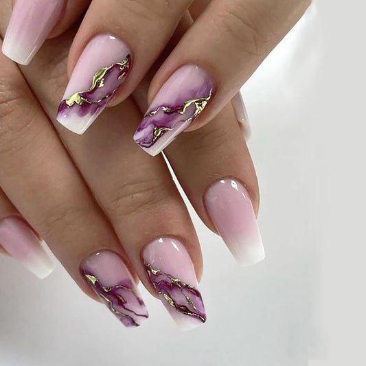 Vezocim Pink Press on Nails Square 24Pcs Glossy Full Cover Medium Acrylic Square False Nails with Marble Designs Artificial Coffin Reusable Fake Nails Glue ons Fingernails for Women Girls