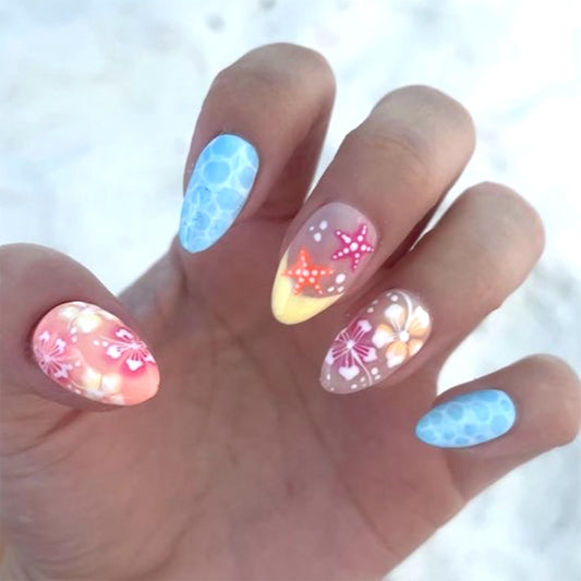 Summer Ocean Press on Nails French Tip Medium Almond False Nails with Starfish Flower Design Full Cover Glue on Nail Summer Reusable Acrylic Fake Nails Glossy Artificial Stick on Nail for Women