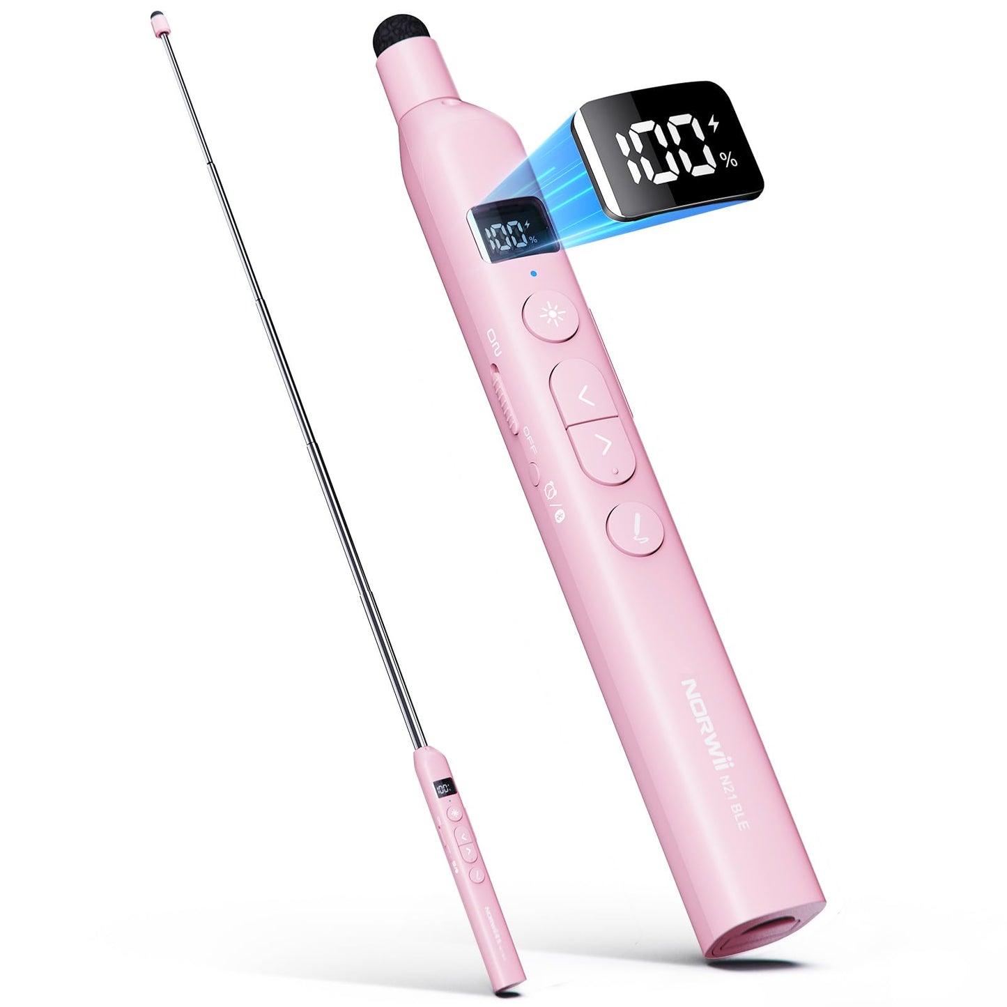 Norwii N21 Bluetooth Presentation Clicker with Telescopic Teaching Pointer, Presentation Remote with Retractable Stick for PowerPiont, Wireless Presenter, Slide Advancer - Pink